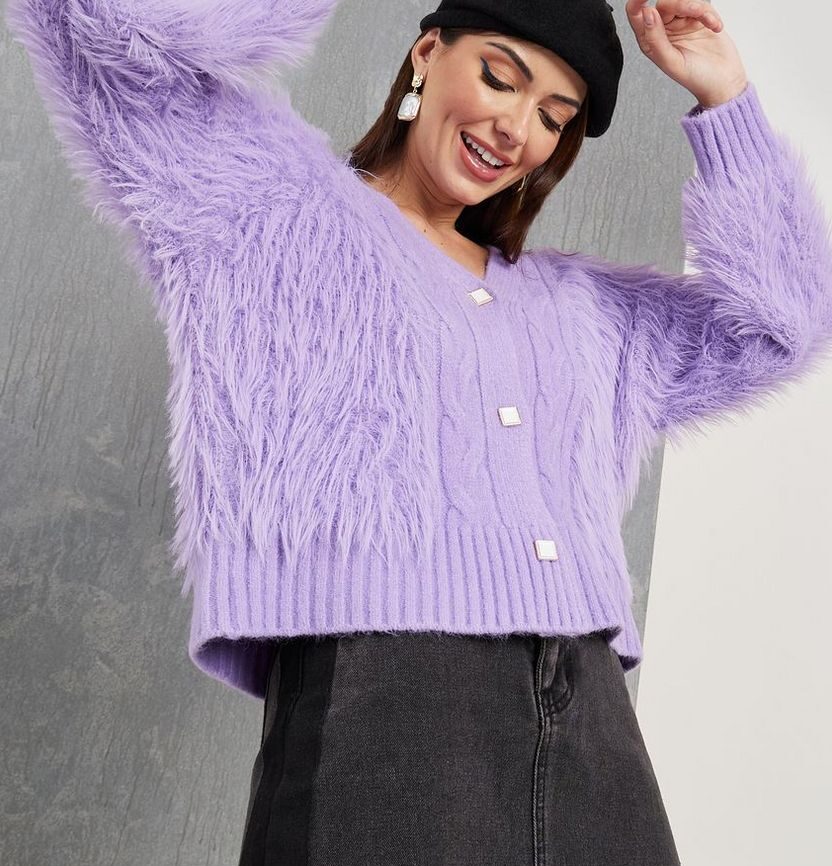 Lavender Fluffy Textured Button-Up Cardigan Sweater SP3