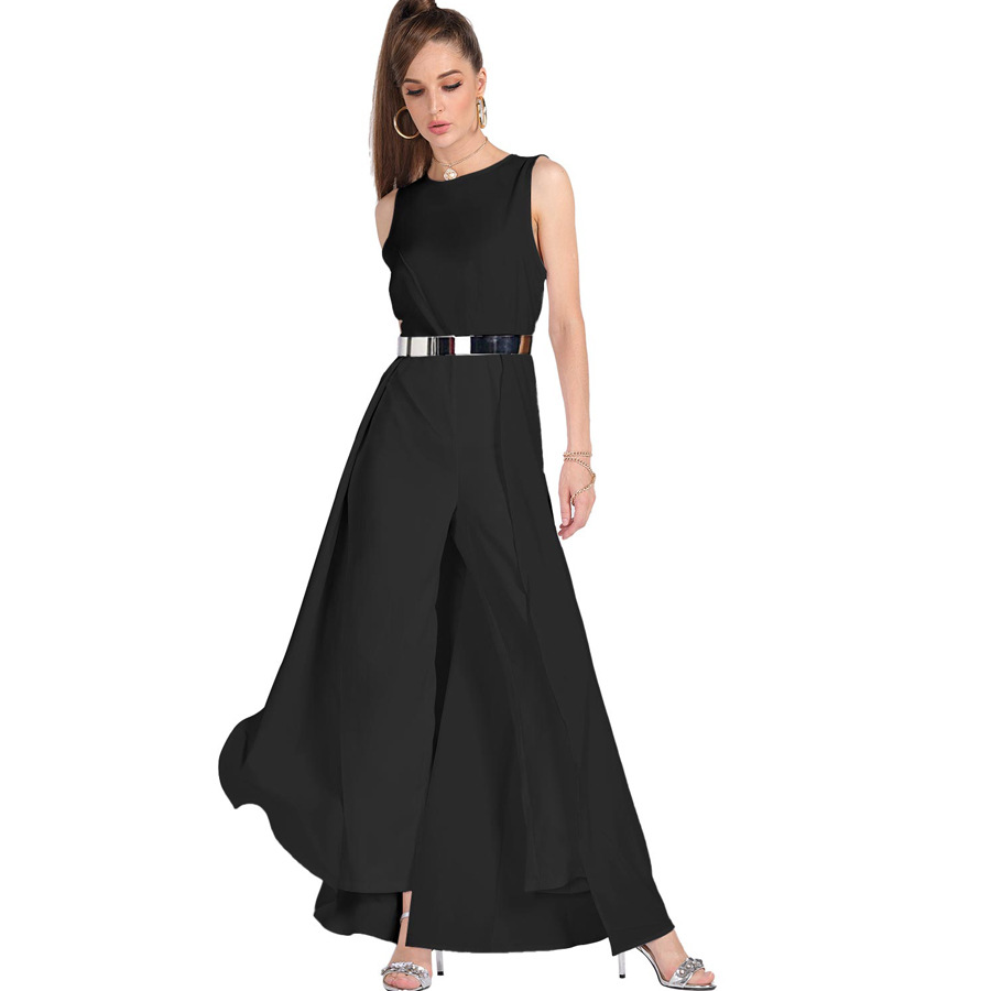 Elegant Sleeveless High-Low Dress with Metallic Belt Detail