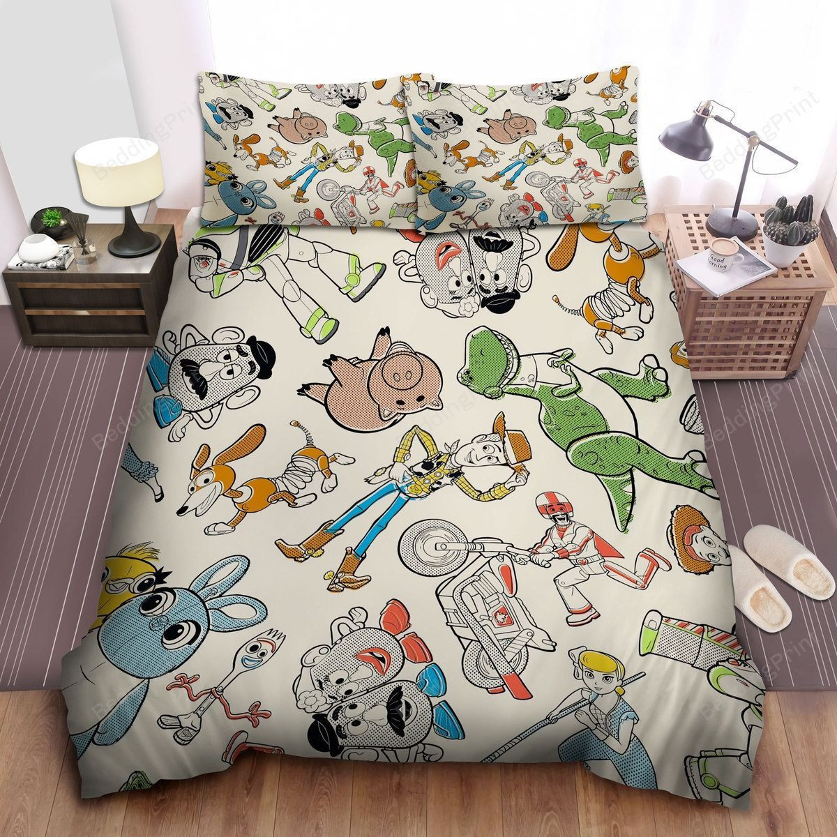 Walt Disney Toy Story 4 Characters In Dot Art Pattern On White Bed Sheets Duvet Cover Bedding Sets