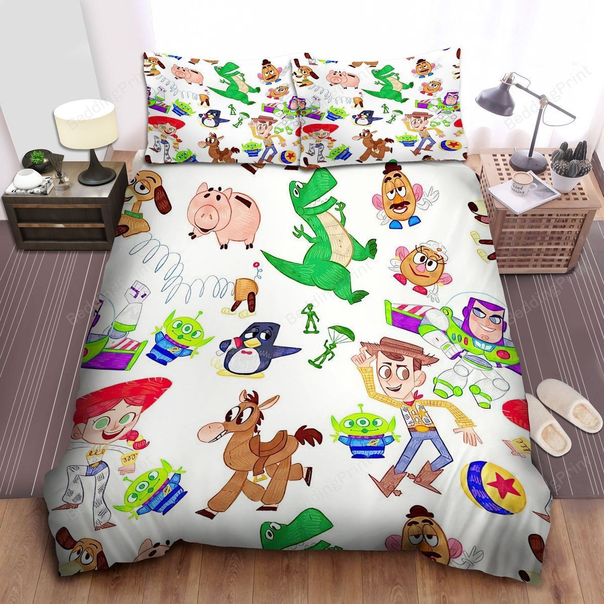 Walt Disney Toy Story Characters In Colorful Doodle Pattern Bed Sheets Duvet Cover Bedding Sets